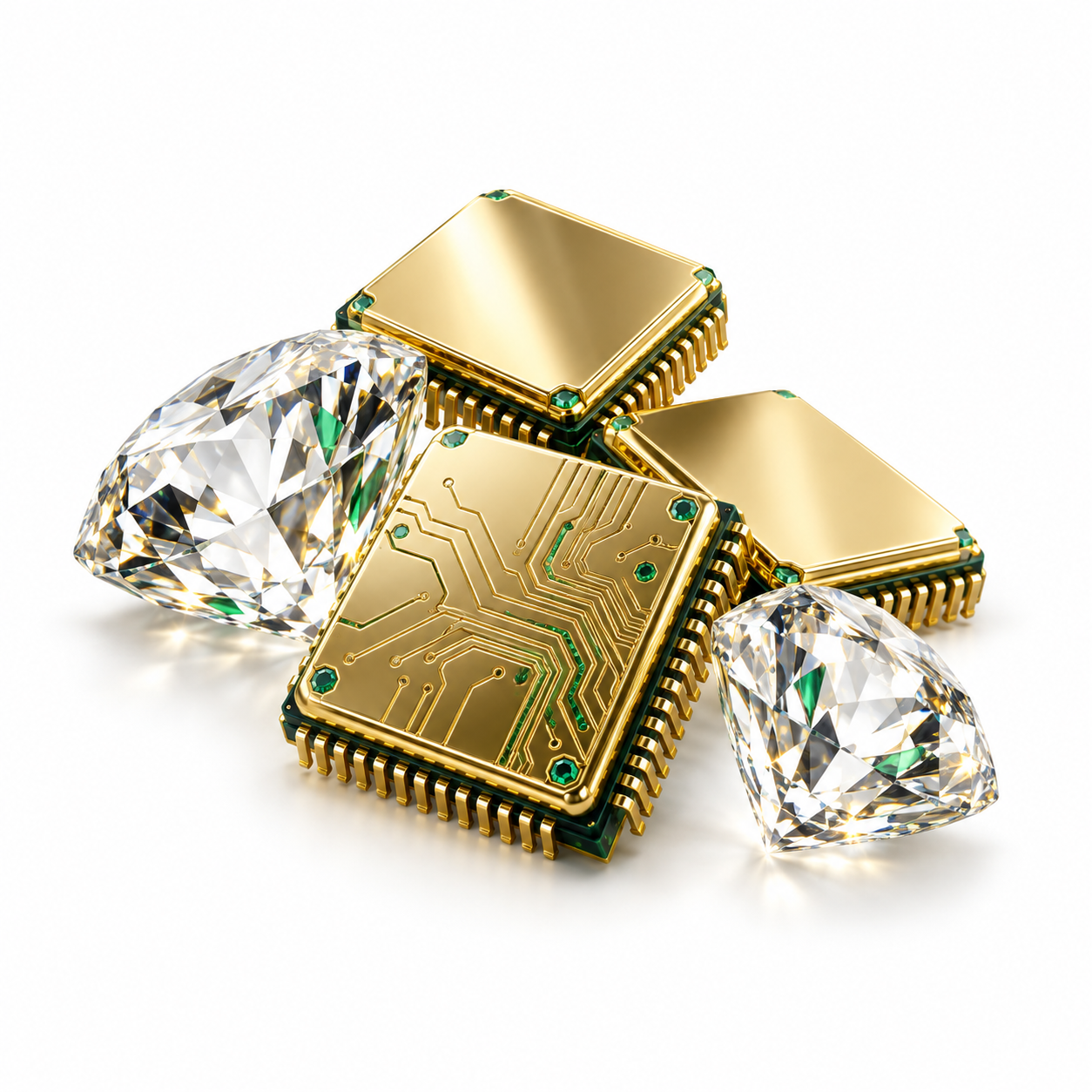 Gold computing chips and faceted diamonds