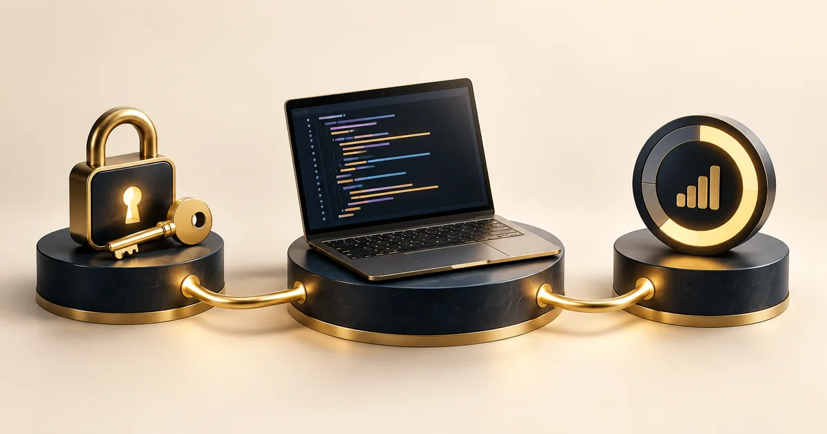 A secure account, coding laptop and usage gauge joined by a gold path