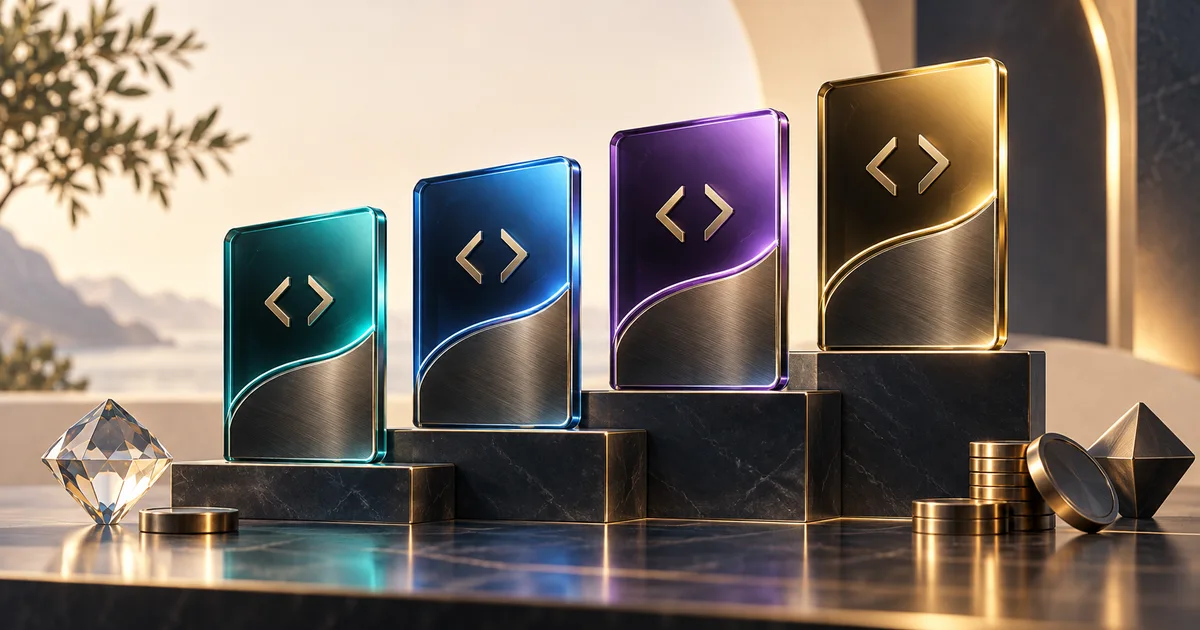 Four premium coding membership cards in teal, blue, violet and gold